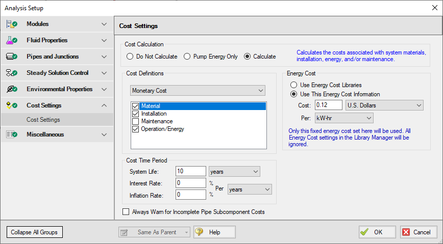 The Cost Settings window with general cost calculation information defined.